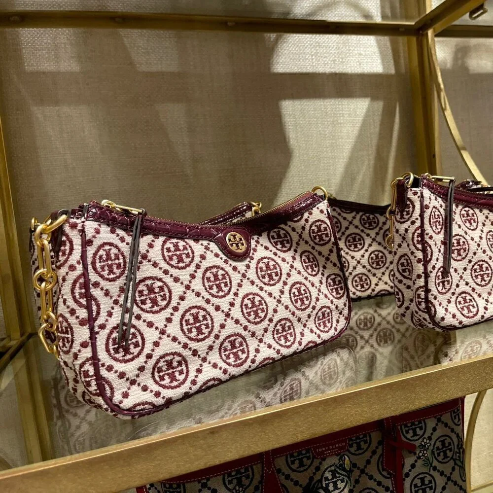 NWT! NEW! Tory Burch T MONOGRAM CHENILLE STUDIO BAG -Claret